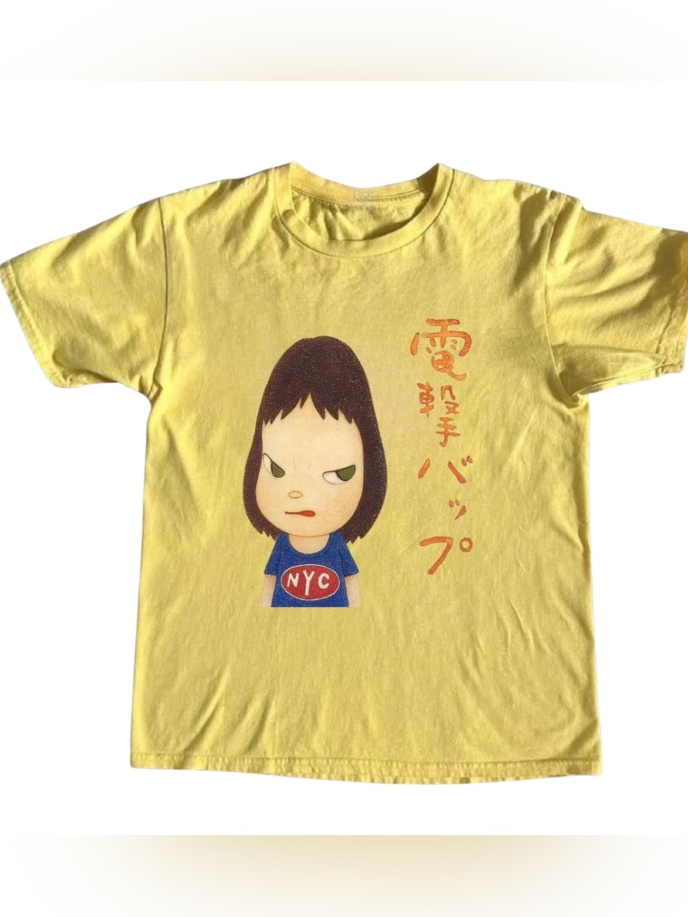 Yellow Yoshitomo Nara Tee with NYC Character, Y2K Retro Style